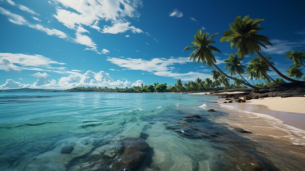 Une plage avec un palmier et un ciel bleu