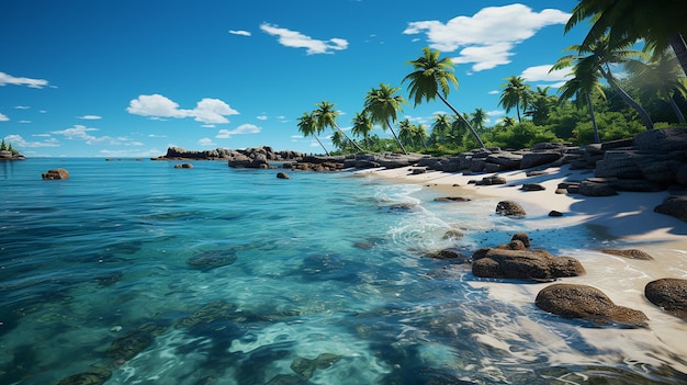 Une plage avec un palmier et un ciel bleu