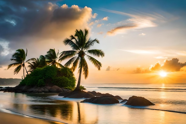 Une plage avec un palmier et un coucher de soleil