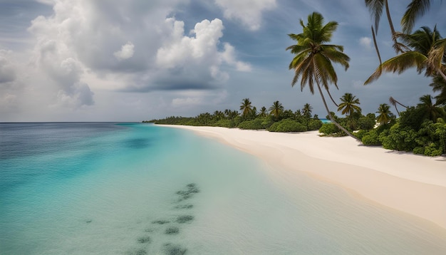 une plage avec un palmier et une eau bleue et un ciel avec des nuages