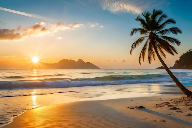 Une plage avec un palmier et le soleil couchant sur l'océan