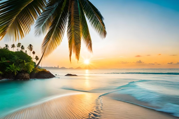 Une plage avec un palmier et le soleil couchant sur l'océan