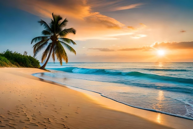 Une plage avec un palmier et le soleil couchant