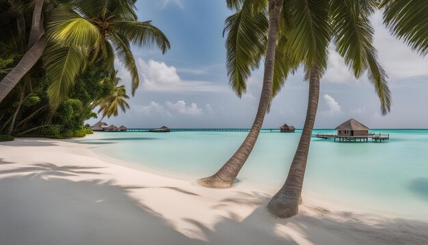 une plage avec des palmiers et un bateau dans l'eau