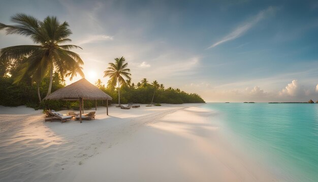 une plage avec des palmiers et une cabane de plage sur le sable