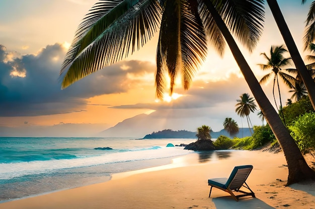 Une plage avec des palmiers et une chaise dessus