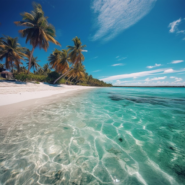 Une plage avec des palmiers et un ciel bleu avec des nuages en arrière-plan