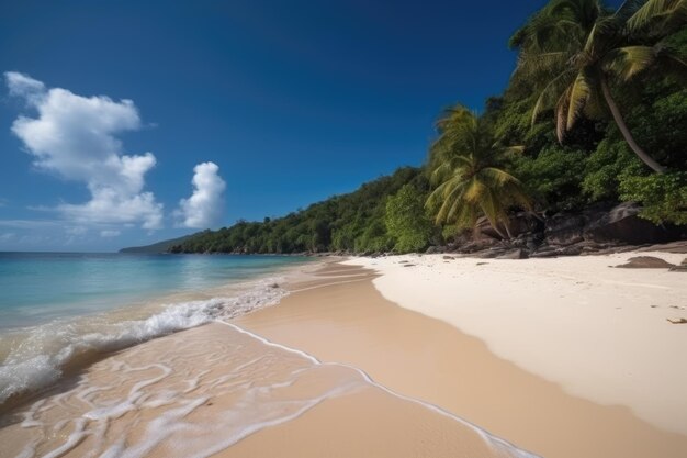 Une plage avec des palmiers et un ciel bleu avec des nuages