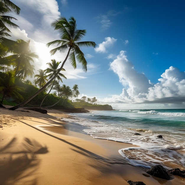 Une plage avec des palmiers et un ciel bleu avec des nuages