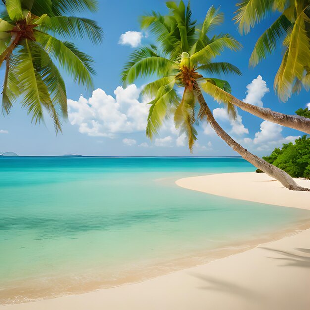 Photo une plage avec des palmiers et un ciel bleu avec l'océan en arrière-plan
