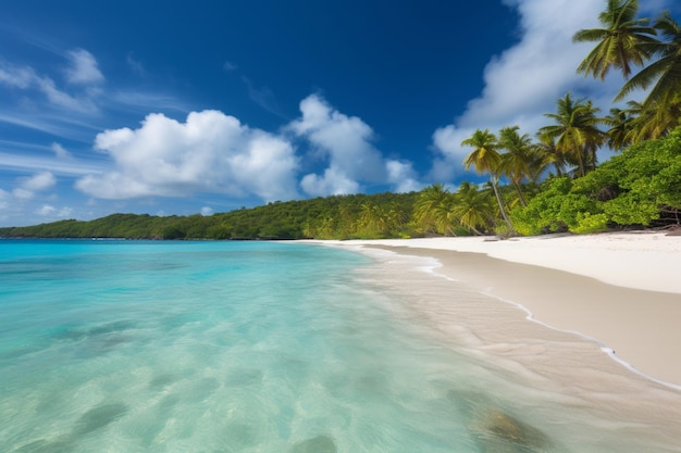 Une plage avec des palmiers et un ciel bleu