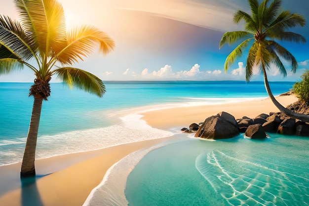 Une plage avec des palmiers et un ciel bleu