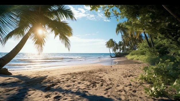 Une plage avec des palmiers et un ciel bleu