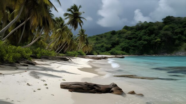 Une plage avec des palmiers et un ciel nuageux