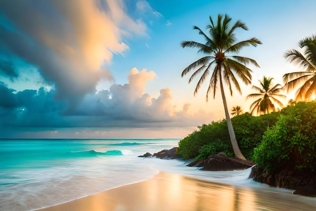 Une plage avec des palmiers et un ciel nuageux