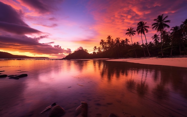 Une plage avec des palmiers et un ciel violet