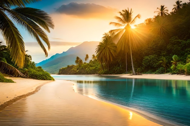 Une plage avec des palmiers et un coucher de soleil en arrière-plan