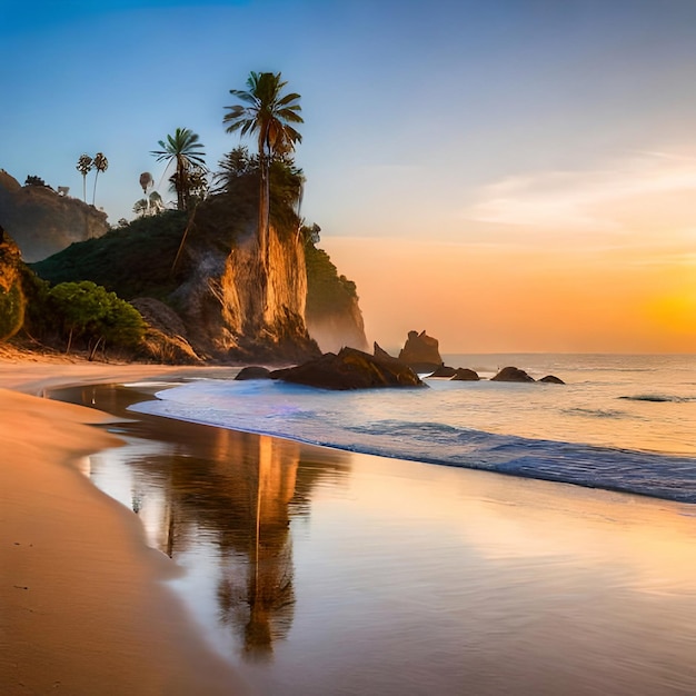 Une plage avec des palmiers et un coucher de soleil en arrière-plan.