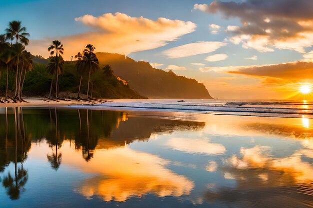 Une plage avec des palmiers et un coucher de soleil au costa rica