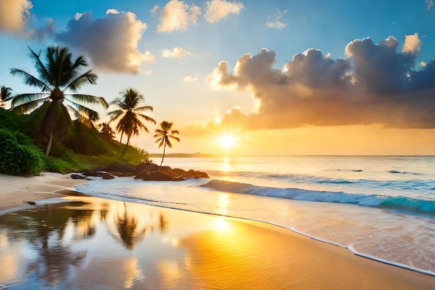 Une plage avec des palmiers et le coucher de soleil sur l'océan