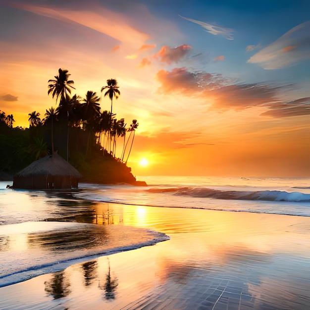 Une plage avec des palmiers et un coucher de soleil