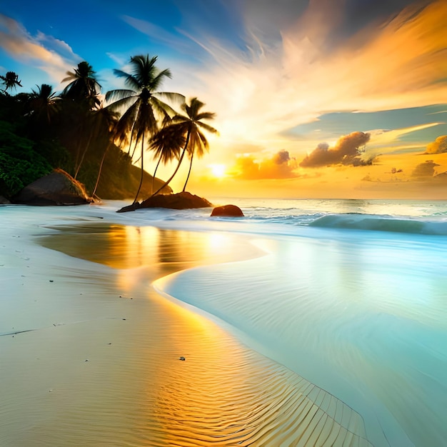 Une plage avec des palmiers et un coucher de soleil