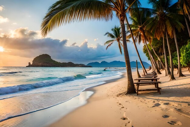 Une plage avec des palmiers et un coucher de soleil