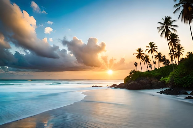 Une plage avec des palmiers et un coucher de soleil