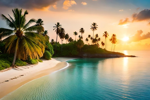 Une plage avec des palmiers et un coucher de soleil