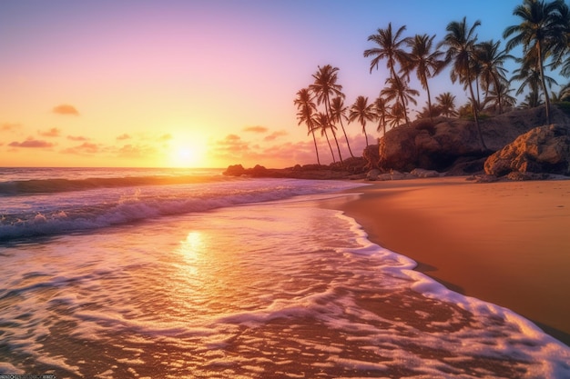 Une plage avec des palmiers et un coucher de soleil