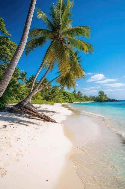 Une plage avec des palmiers dessus et l'océan en arrière-plan.