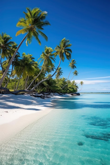 Une plage avec des palmiers et de l'eau bleue en arrière-plan.