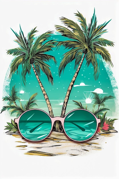 plage avec des palmiers et des lunettes de soleil