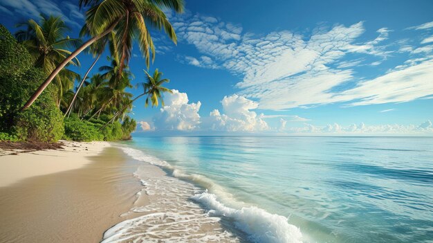 et une plage de palmiers sur la mer avec un beau ciel en arrière-plan