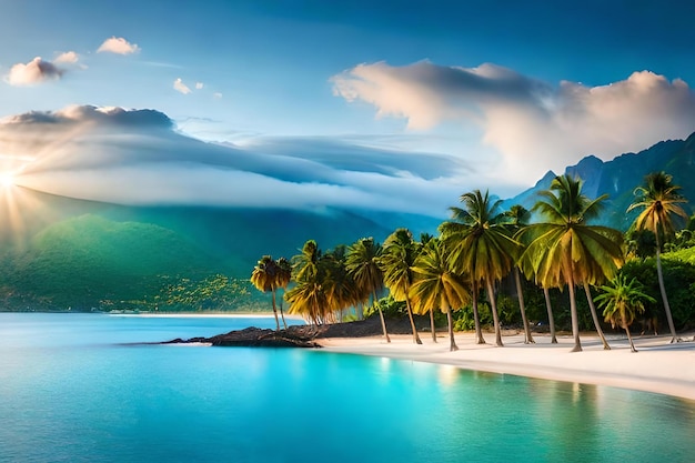 Une plage avec des palmiers et des montagnes en arrière-plan