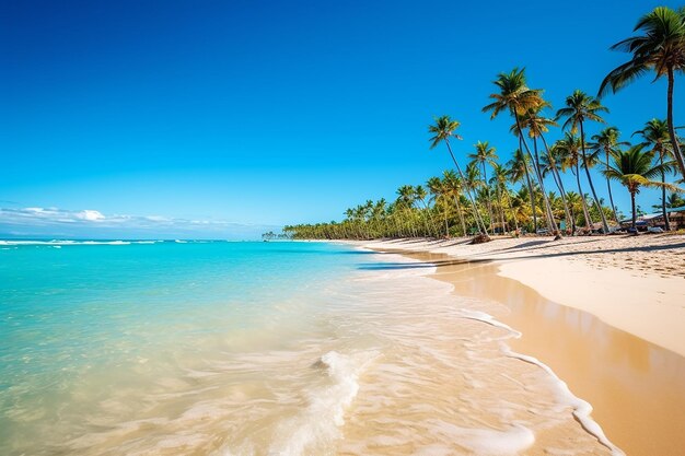 Une plage avec des palmiers et l'océan en arrière-plan