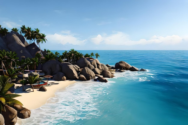 Une plage avec des palmiers et un océan bleu en arrière-plan