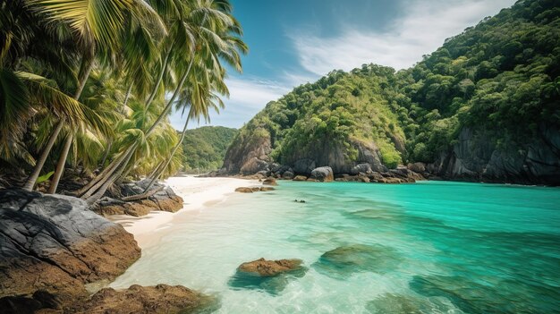 Une plage avec des palmiers et un océan bleu