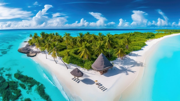 une plage avec des palmiers et un parasol