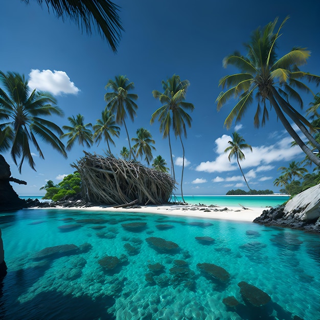 Une plage avec des palmiers et une plage de sable blanc