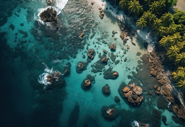 Plage avec des palmiers sur le rivage dans le style de vue d'oiseau Turquoise et vue d'avion blanc