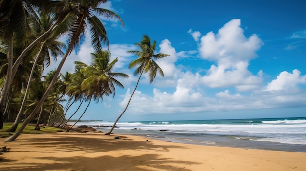 Une plage avec des palmiers sur le sable et l'océan en arrière-plan