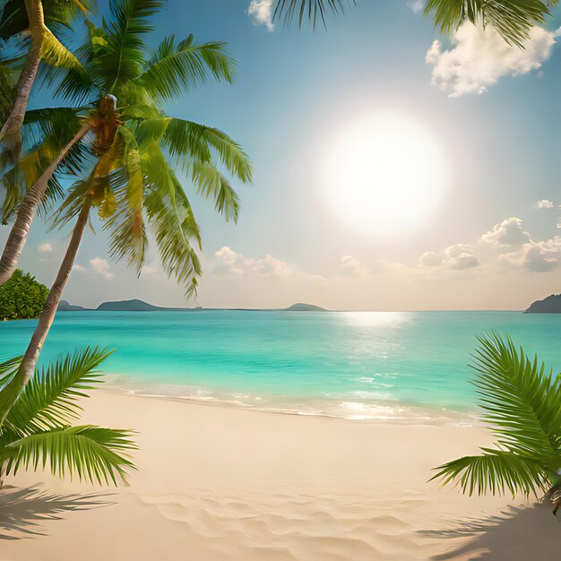 Photo une plage avec des palmiers et un soleil en arrière-plan