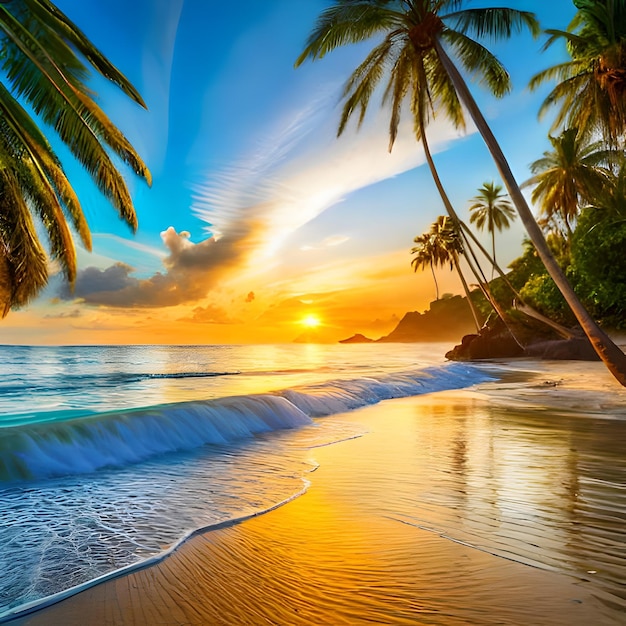 Une plage avec des palmiers et le soleil couchant