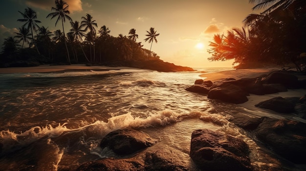 Une plage avec des palmiers et le soleil couchant