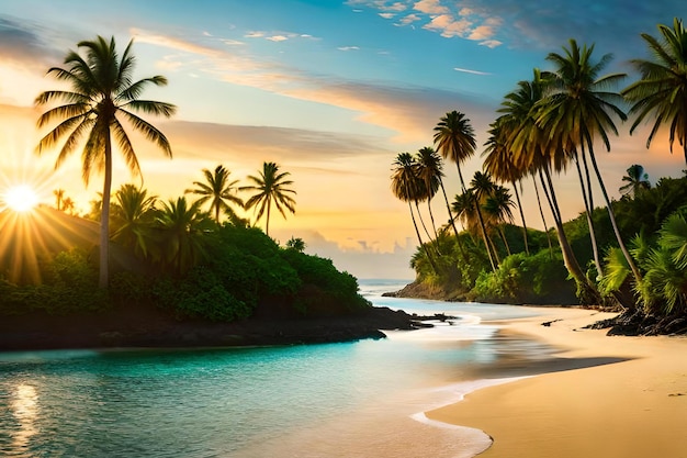 Une plage avec des palmiers et le soleil couchant