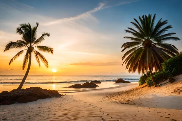 Une plage avec des palmiers et le soleil couchant