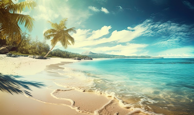 Une plage avec des palmiers et le soleil qui brille à l'horizon IA générative