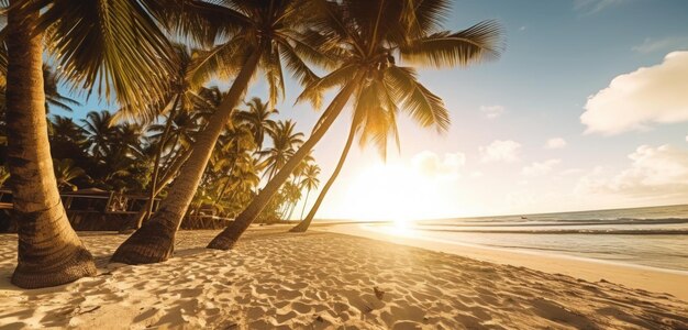 Une plage avec des palmiers et le soleil qui brille à l'horizon.