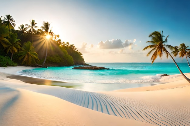 Une plage avec des palmiers et le soleil qui brille à travers les nuages